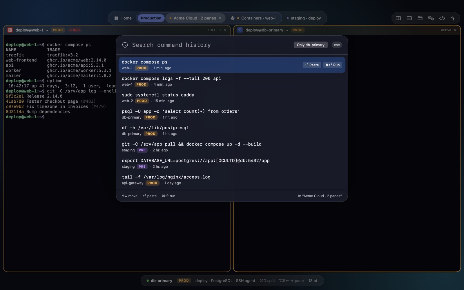 Atoll's command history finder over a terminal, with commands from several servers