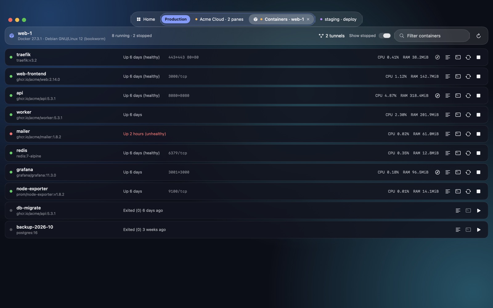 Docker containers panel of a server with each container's status, ports, CPU and memory