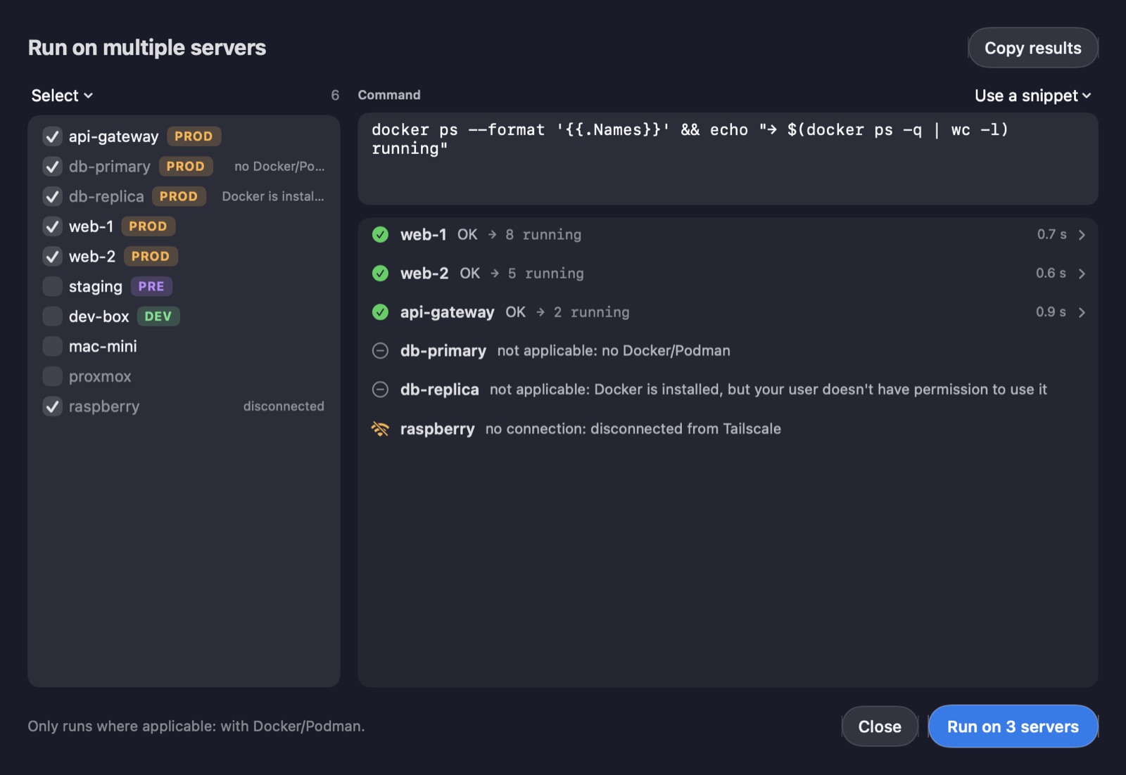 Running a docker command on several servers: results per server and the ones that don't apply because they have no Docker