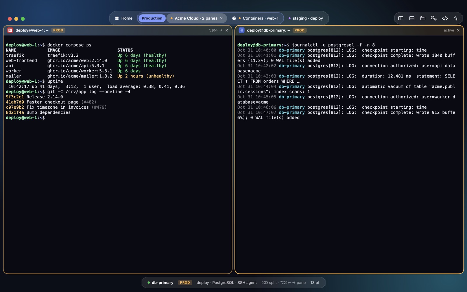 Atoll terminal split into two production sessions framed in amber, with docker compose ps and PostgreSQL logs