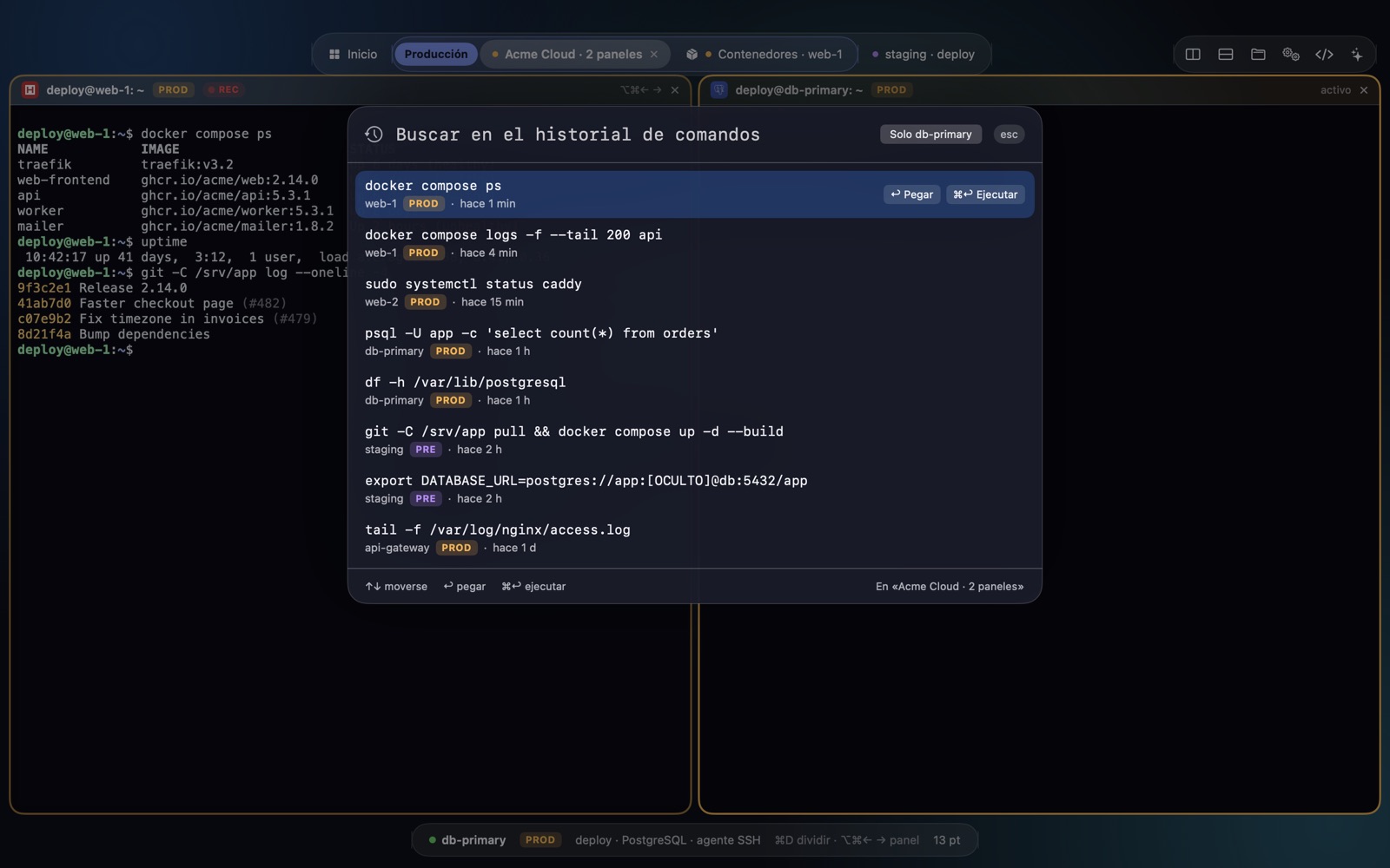 Buscador del historial de comandos de Atoll sobre un terminal, con comandos de varios servidores