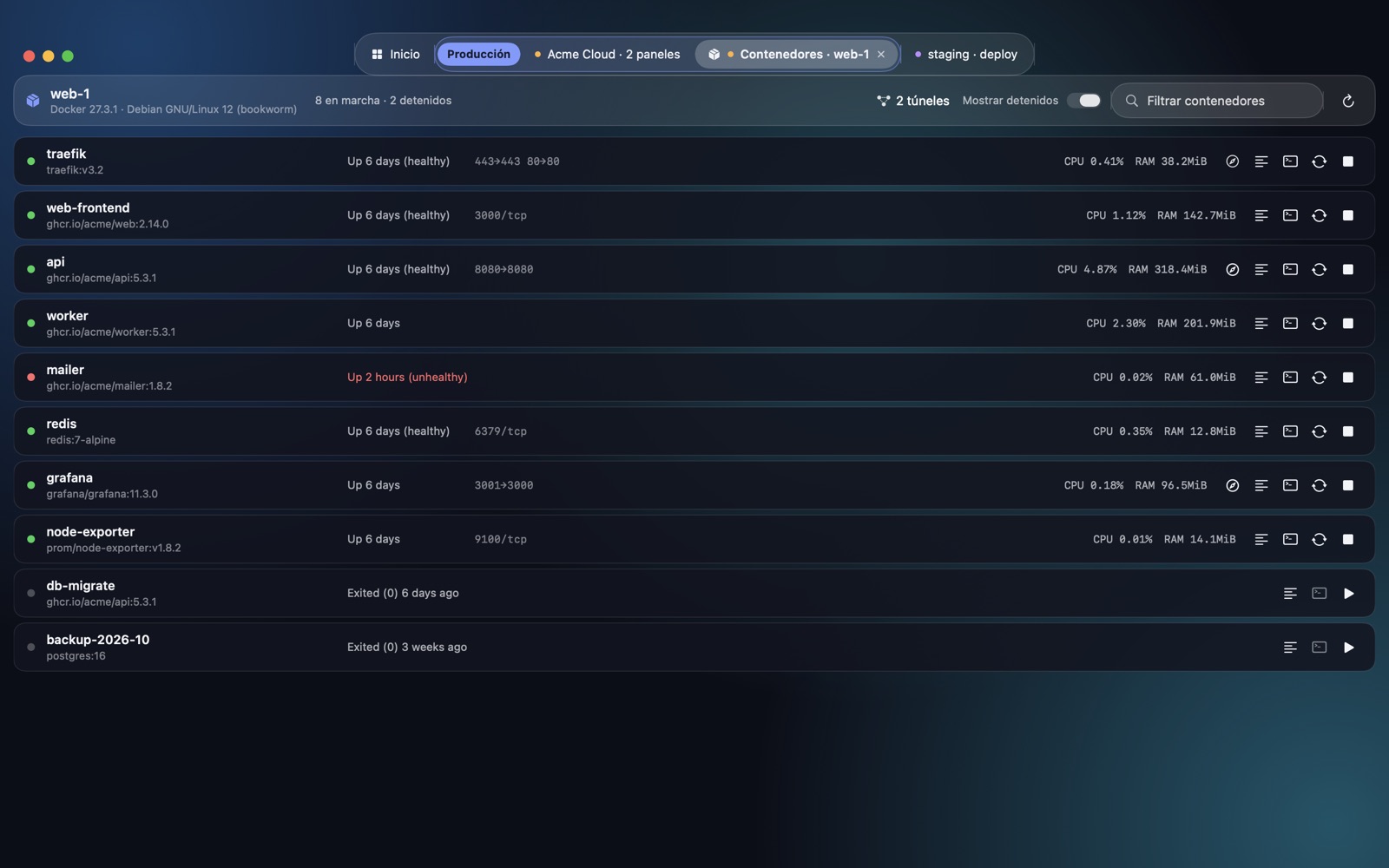 Panel de contenedores Docker de un servidor con estado, puertos, CPU y memoria de cada contenedor