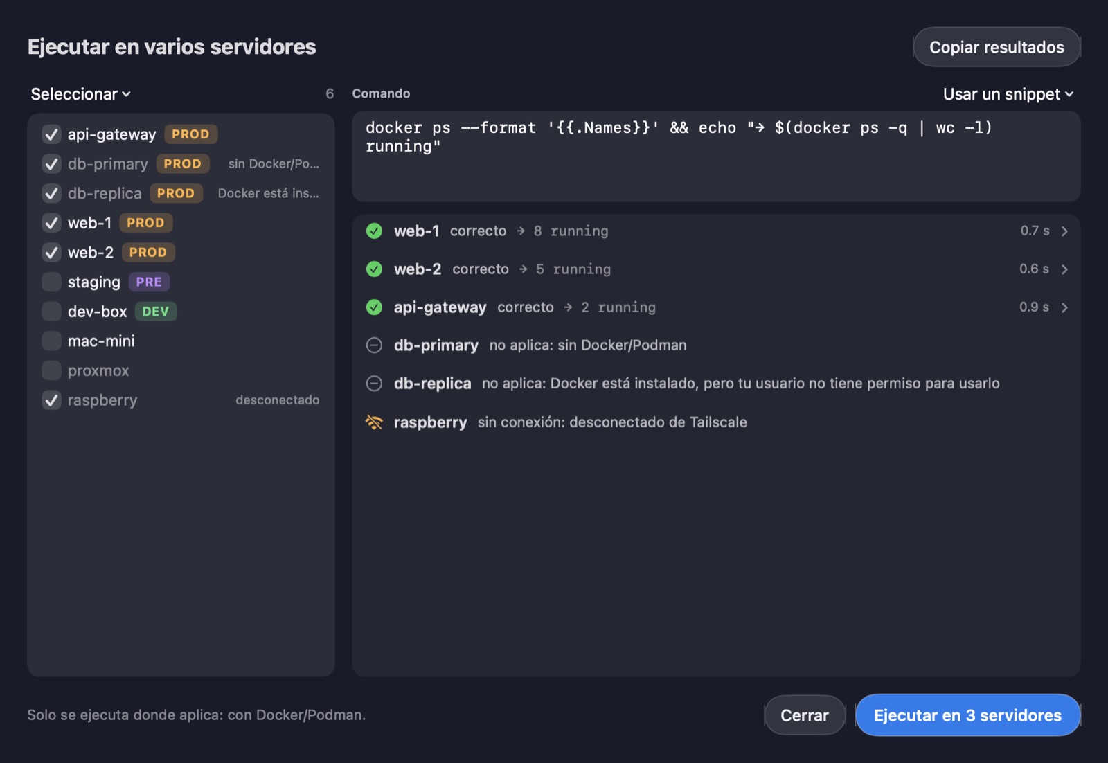 Ejecutar un comando docker en varios servidores: resultados por servidor y los que no aplican por no tener Docker