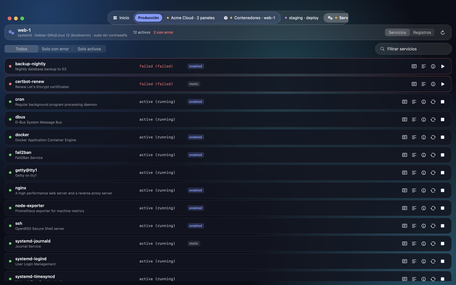 Lista de servicios systemd de un servidor con los fallidos primero y sus acciones