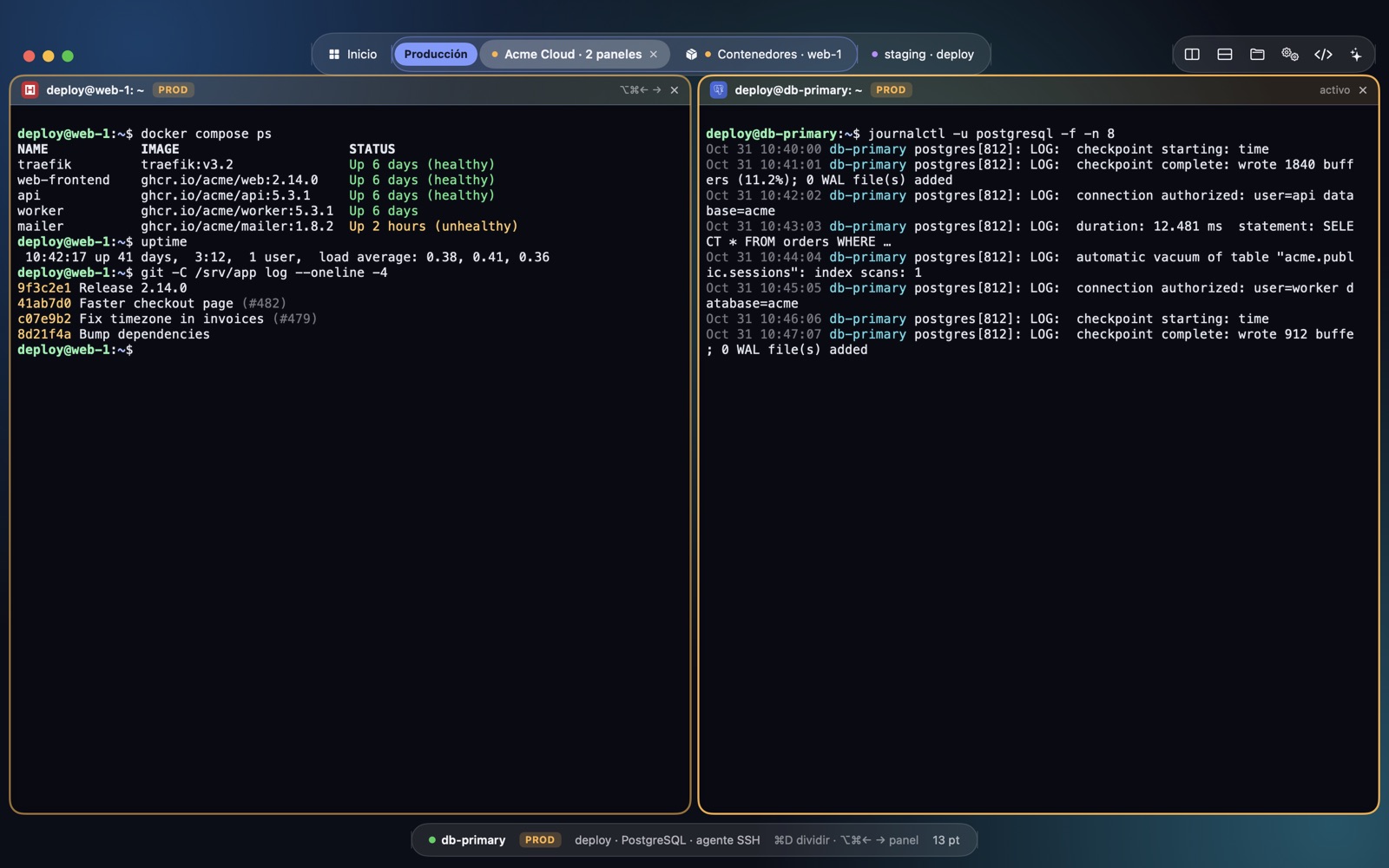 Terminal de Atoll dividido en dos sesiones de producción, enmarcadas en ámbar, con docker compose ps y los registros de PostgreSQL